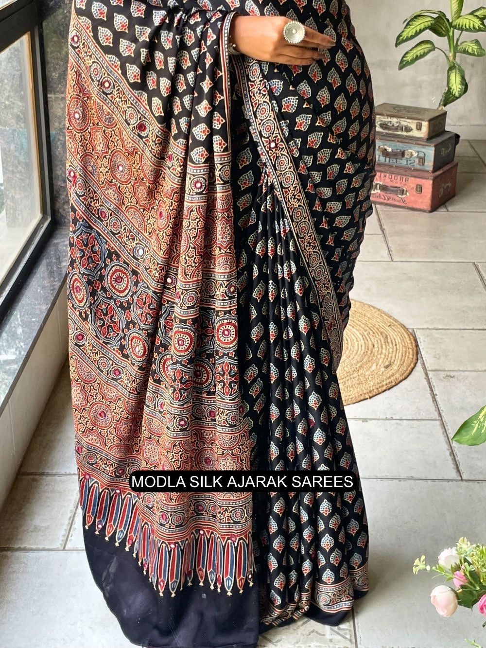 Ajrakh Chinnon Printed Saree with Tassel Detailing & Attached Blouse (No Mirror Work)