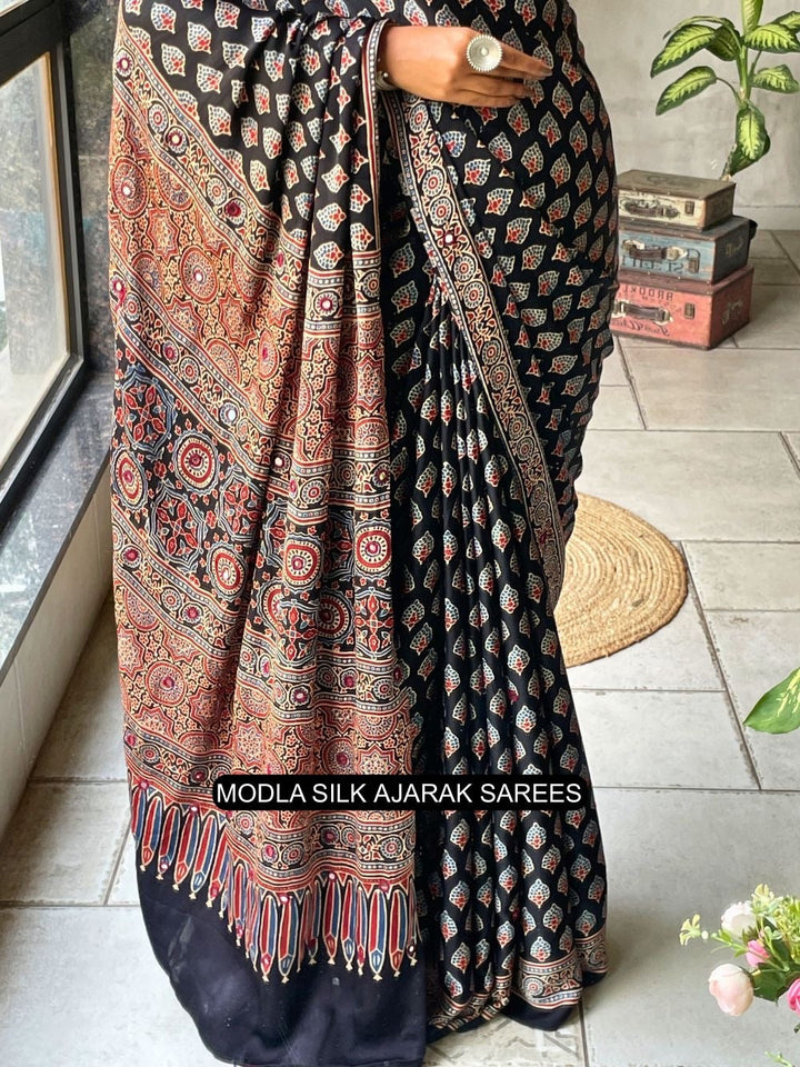 Ajrakh Chinnon Printed Saree with Tassel Detailing & Attached Blouse (No Mirror Work)