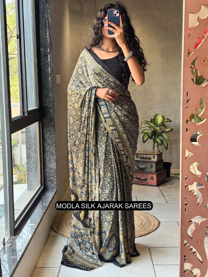 Ajrakh Chinnon Printed Saree with Tassel Detailing & Attached Blouse (No Mirror Work)