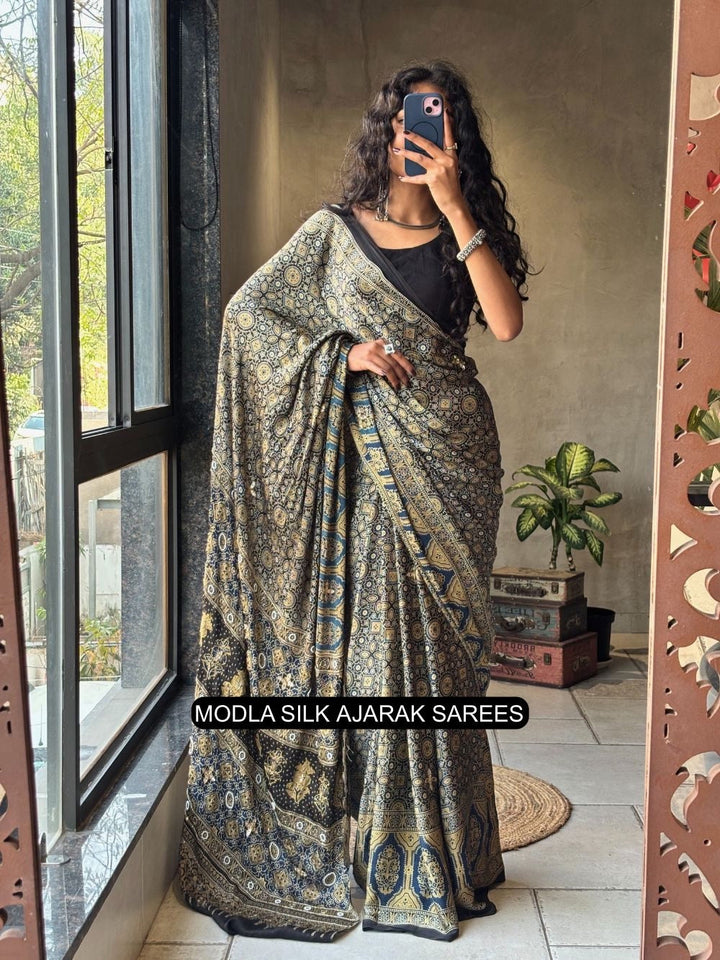 Ajrakh Chinnon Printed Saree with Tassel Detailing & Attached Blouse (No Mirror Work)