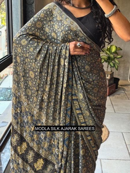 Ajrakh Chinnon Printed Saree with Tassel Detailing & Attached Blouse (No Mirror Work)