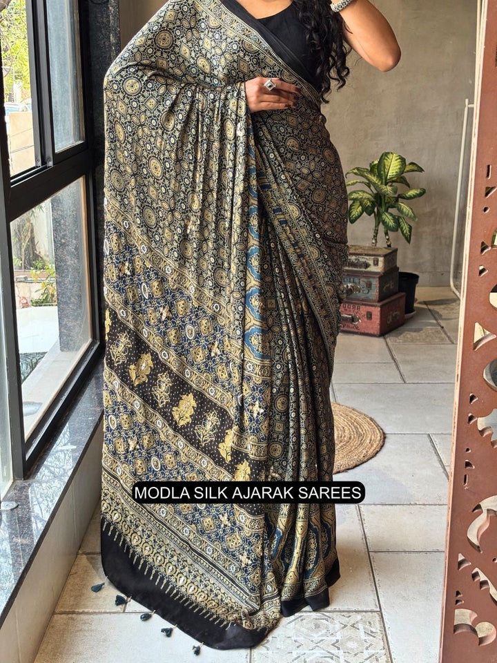Ajrakh Chinnon Printed Saree with Tassel Detailing & Attached Blouse (No Mirror Work)