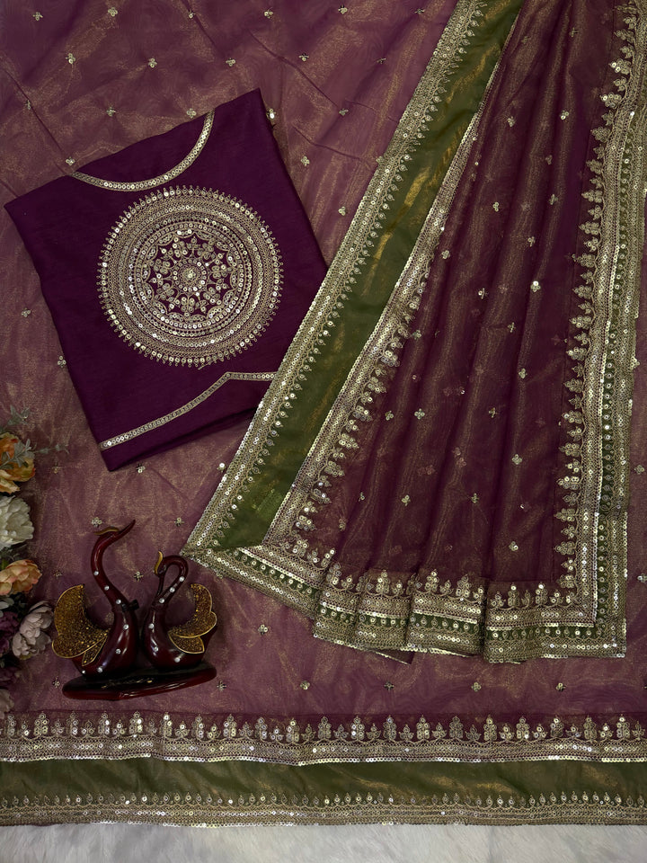 Dark Coffee Brown Embroidered Georgette Saree with Heavy Zari Work & Designer Blouse | Premium Wedding Wear Saree