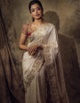 Ivory White Pure Silk Saree with Heavy Zari Embroidery & Designer Contrast Blouse | Luxury Wedding Wear Saree