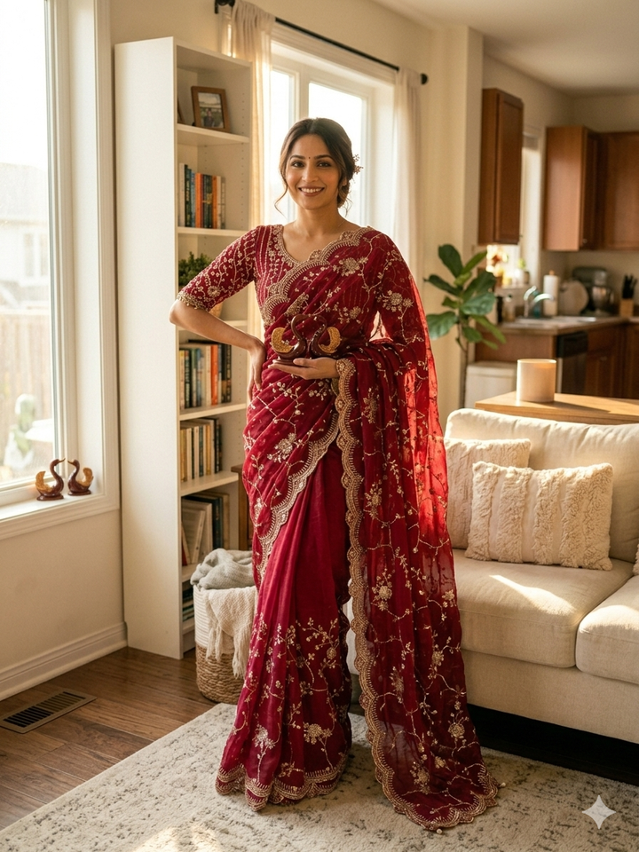 Deep Maroon Embroidered Georgette Saree with Sequins & Scalloped Border | Designer Wedding & Festive Wear Saree