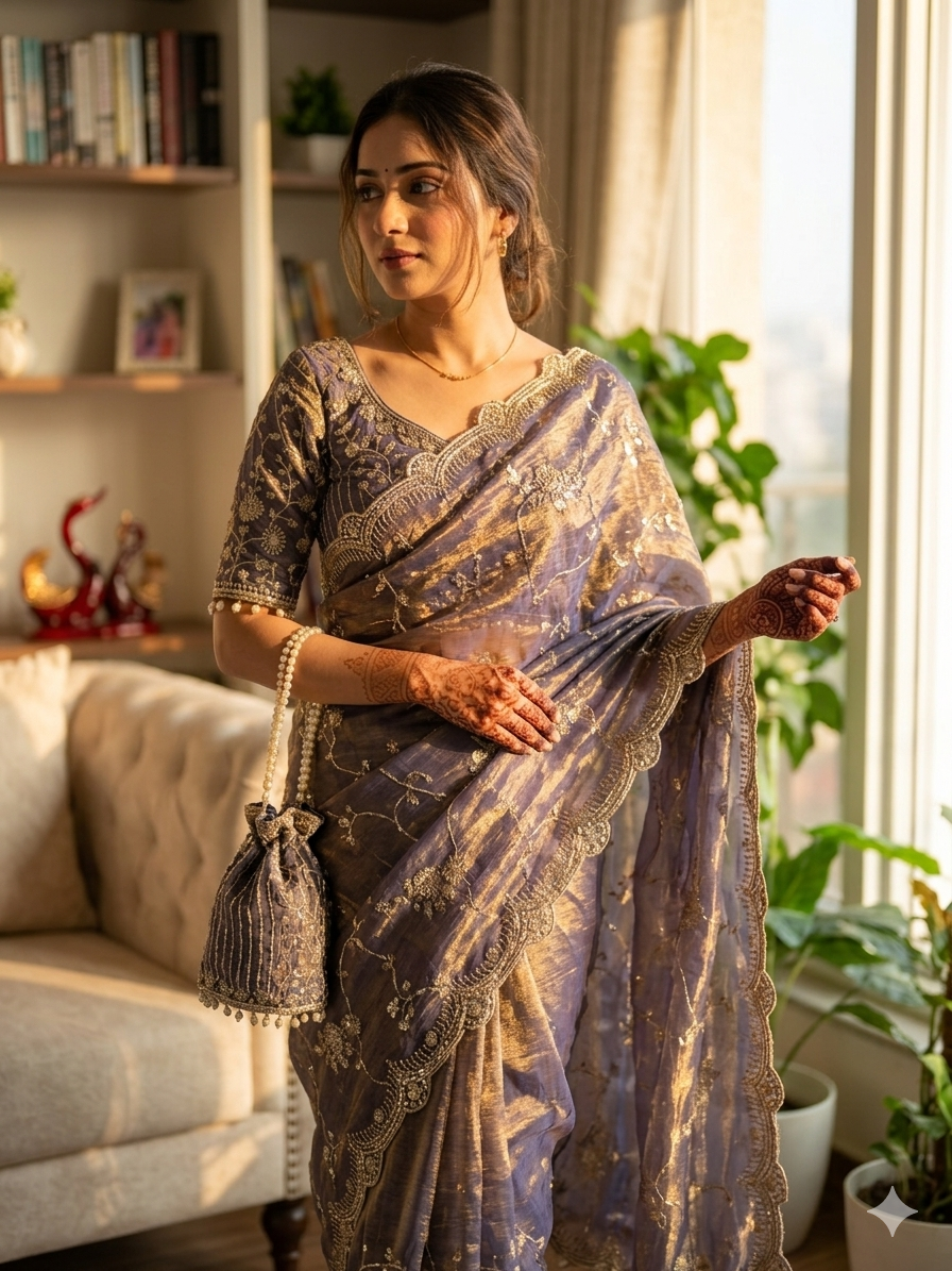 Lavender Grey Embroidered Georgette Saree with Sequins & Scalloped Border | Designer Wedding & Festive Wear Saree