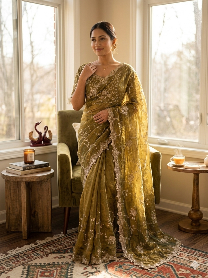 Olive Green Embroidered Georgette Saree with Sequins & Scalloped Border | Designer Festive Wear Saree