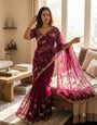 Wine Purple Embroidered Georgette Saree with Sequins & Scalloped Border | Designer Wedding & Festive Wear Saree