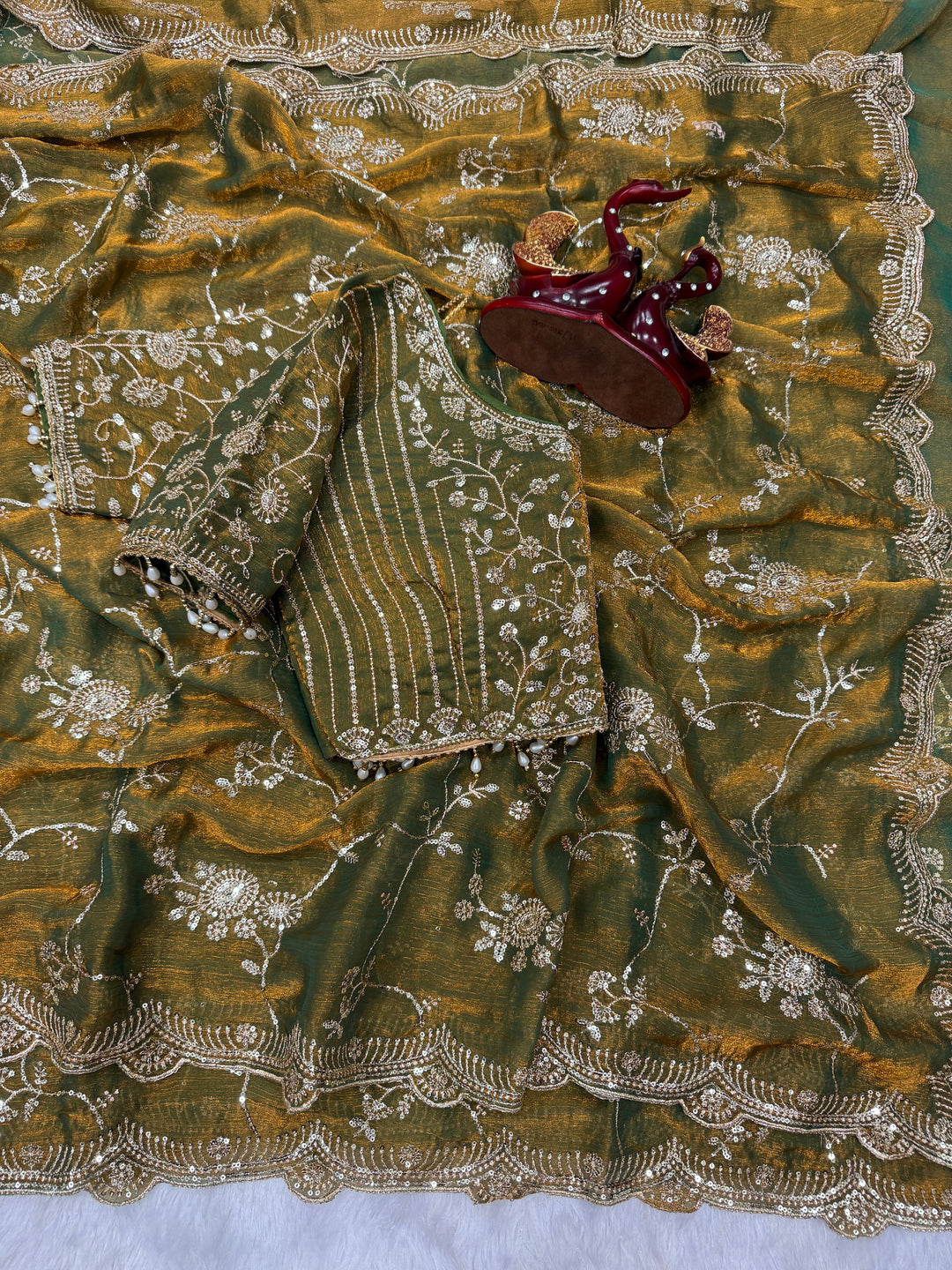 Olive Green Embroidered Georgette Saree with Sequins & Scalloped Border | Designer Festive Wear Saree