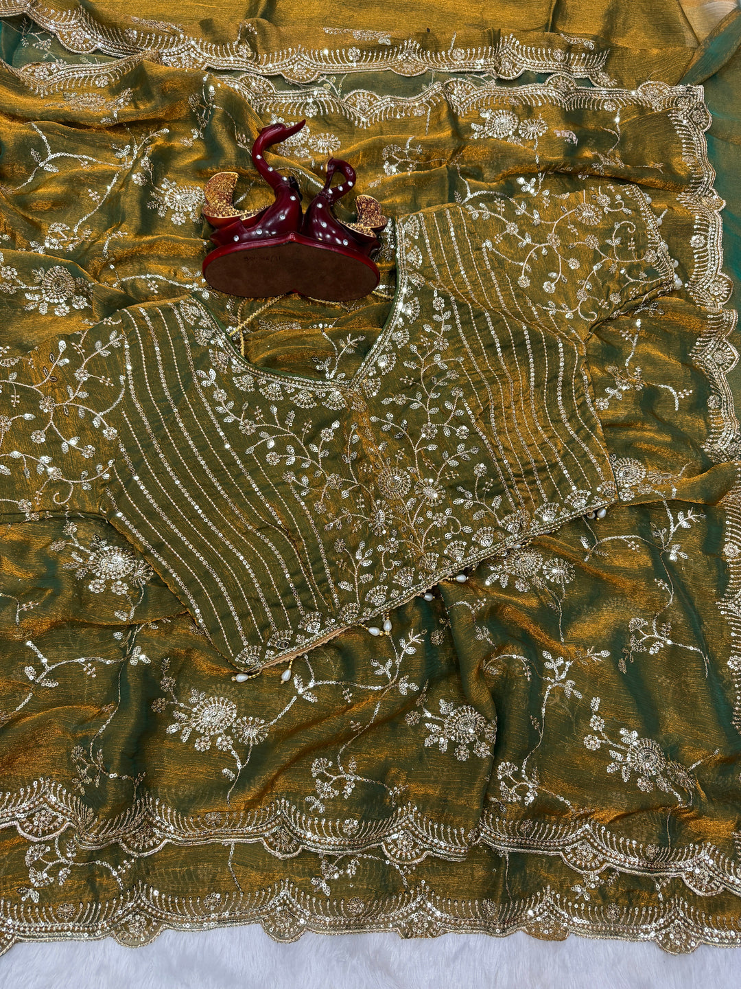 Olive Green Embroidered Georgette Saree with Sequins & Scalloped Border | Designer Festive Wear Saree
