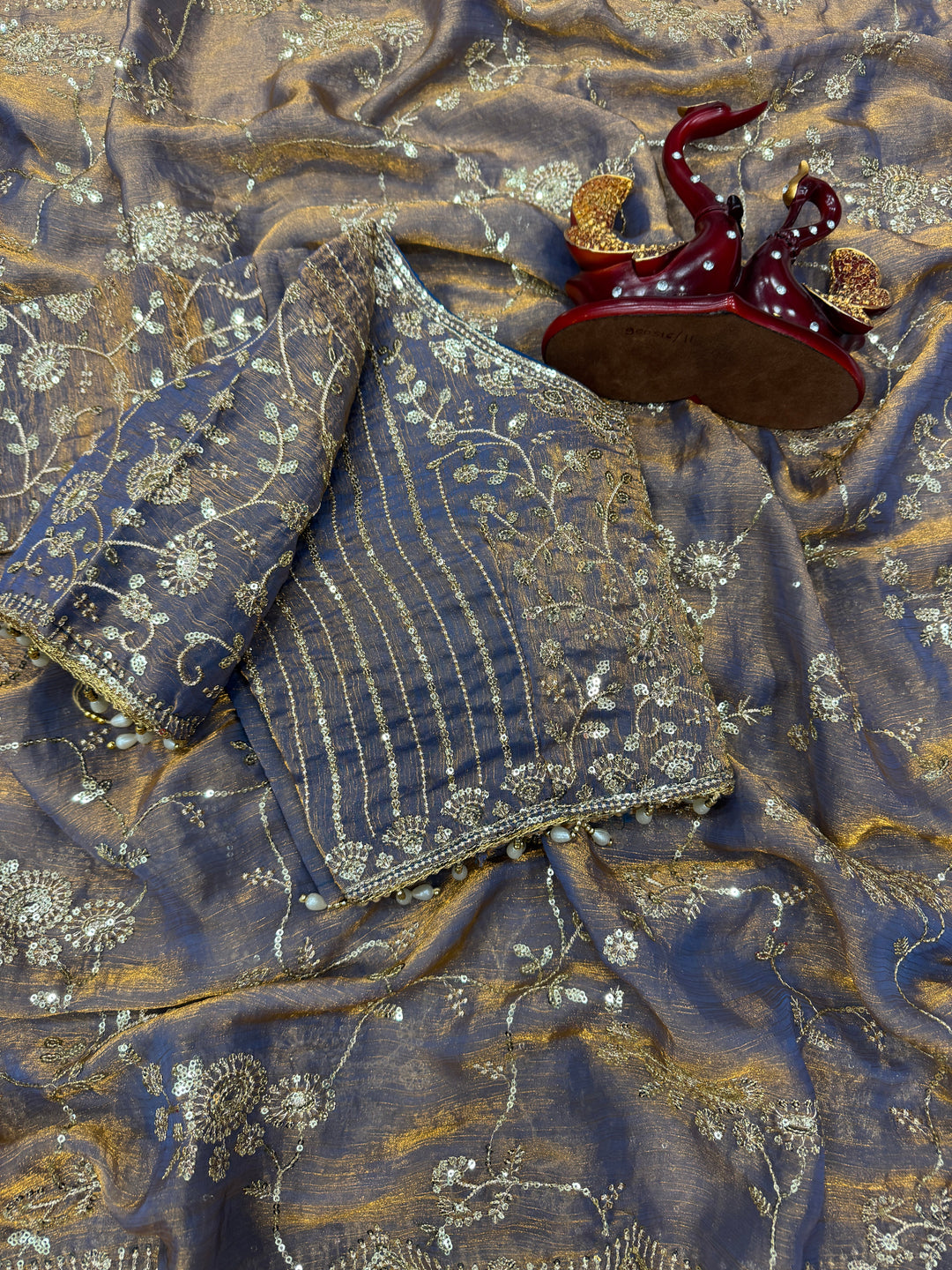 Lavender Grey Embroidered Georgette Saree with Sequins & Scalloped Border | Designer Wedding & Festive Wear Saree