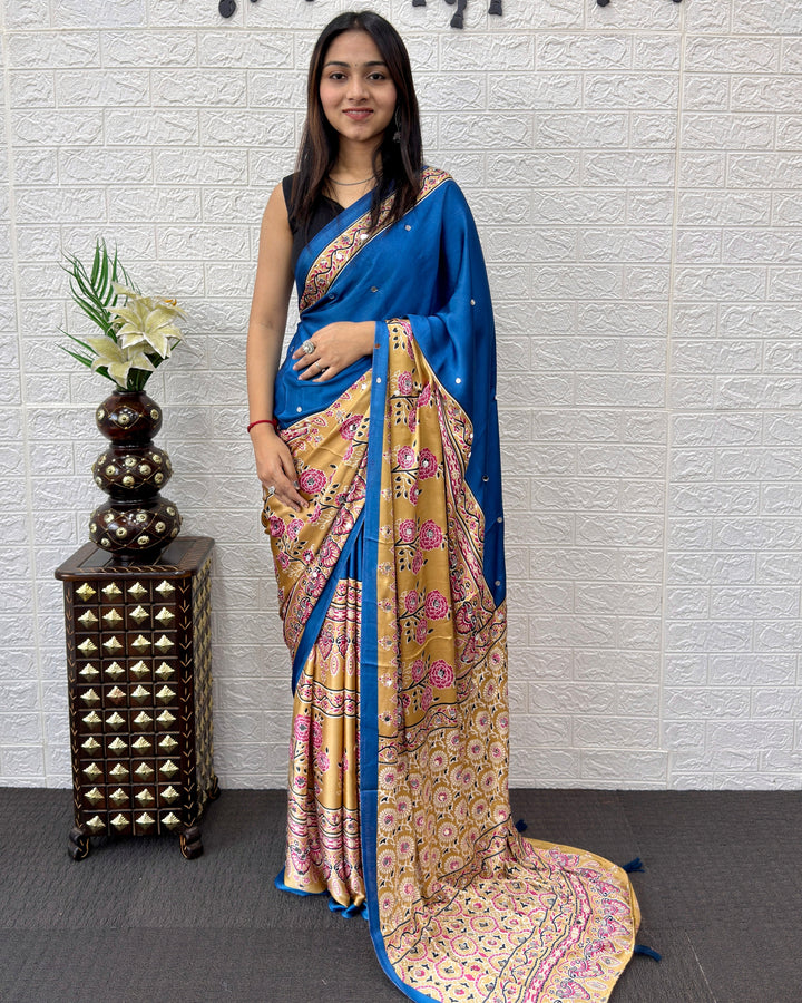 Royal Blue Modal Silk Saree with Beige Floral Printed Designer Pallu & Tassels | Festive, Office Wear & Traditional Ethnic Saree