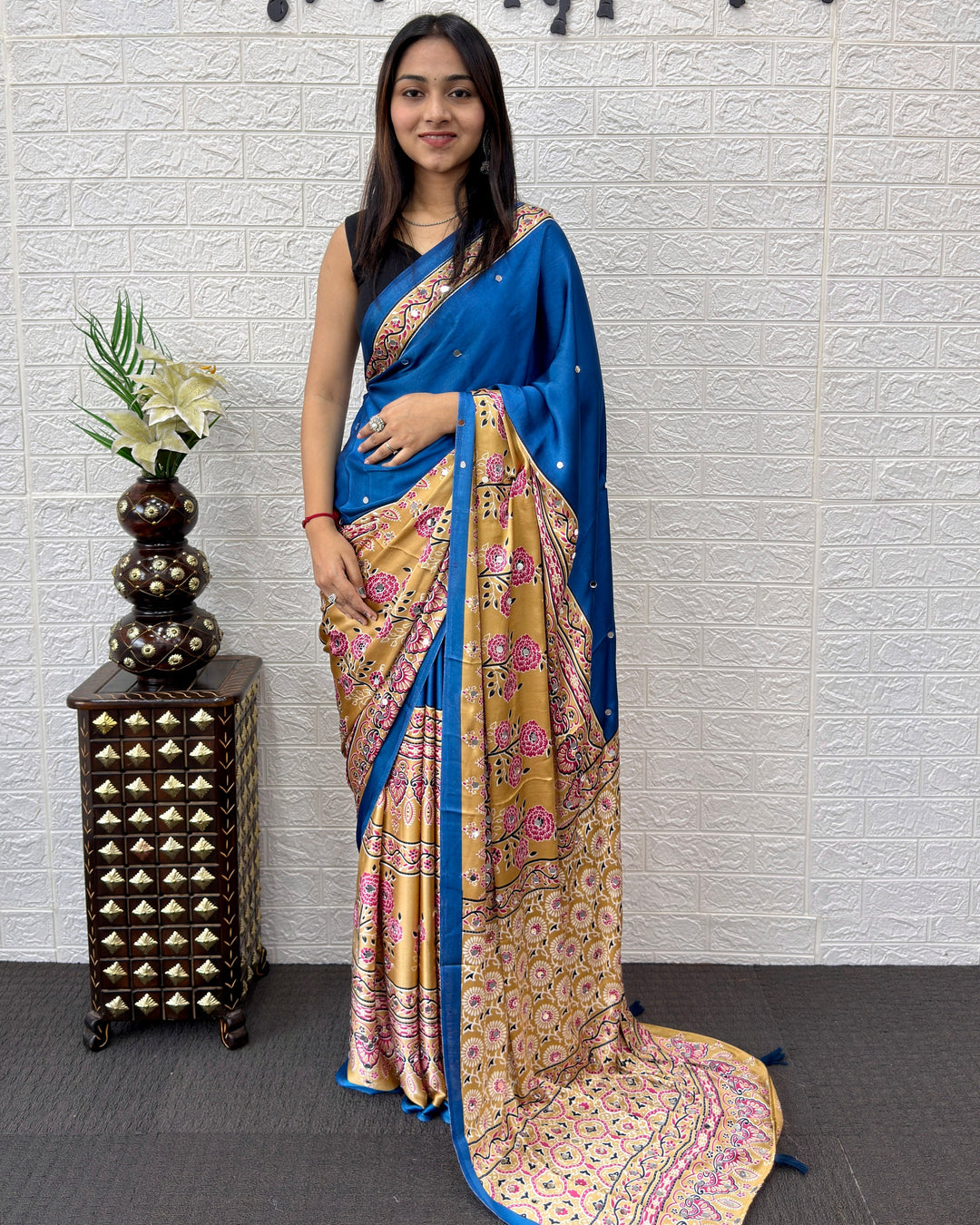 Royal Blue Modal Silk Saree with Beige Floral Printed Designer Pallu & Tassels | Festive, Office Wear & Traditional Ethnic Saree