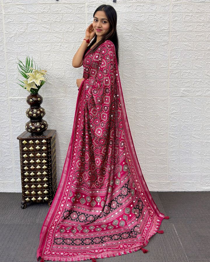 Rani Pink Modal Silk Saree with Traditional Ajrakh Print & Designer Pallu | Festive & Ethnic Wear Saree