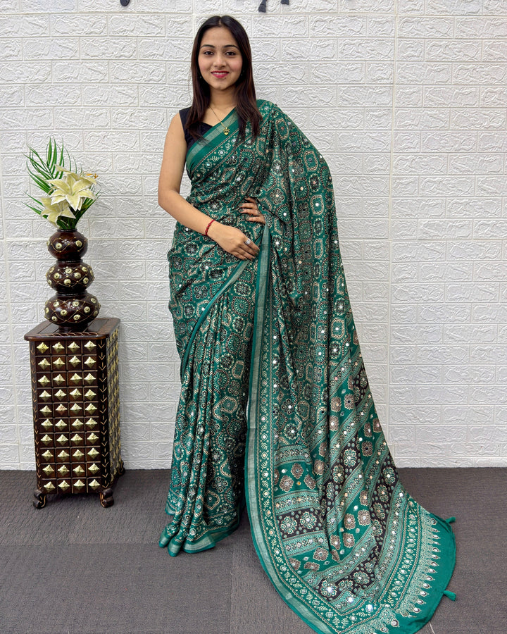 Emerald Green Modal Silk Saree with Traditional Ajrakh Print & Designer Pallu | Festive & Ethnic Wear Saree