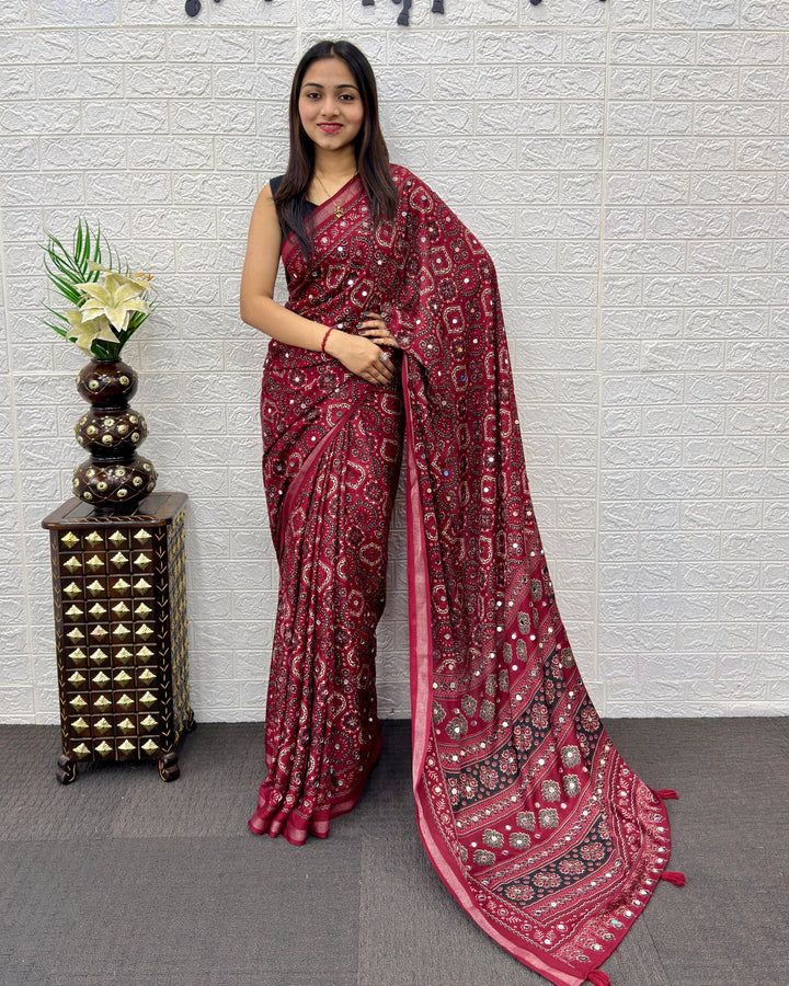 Wine Maroon Modal Silk Saree with Traditional Ajrakh Print & Designer Pallu | Festive Ethnic Wear Saree