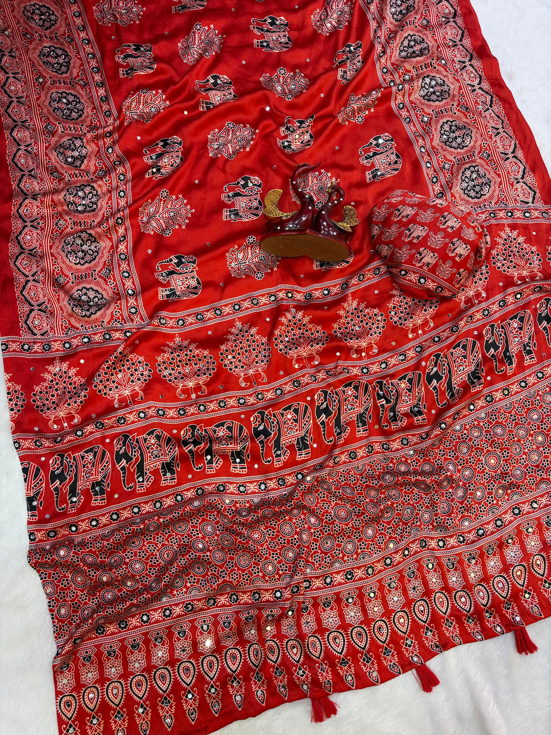Ajrakh Chinnon Printed Saree with Tassel Detailing & Attached Blouse (No Mirror Work)