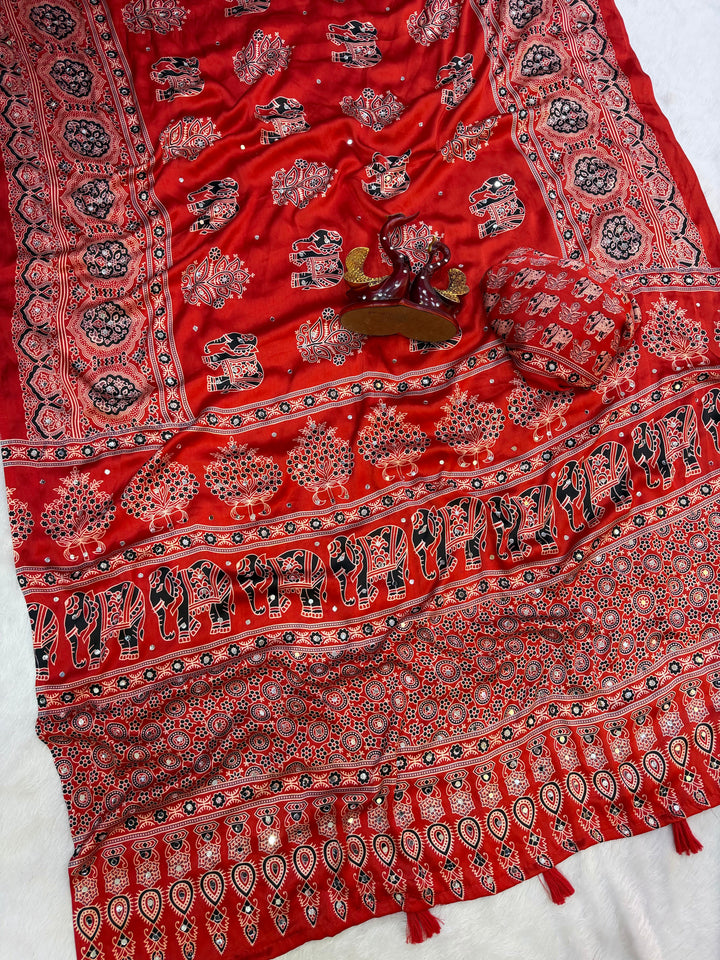 Ajrakh Chinnon Printed Saree with Tassel Detailing & Attached Blouse (No Mirror Work)