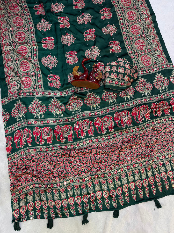 Forest Green Modal Silk Saree with Elephant Motif Ajrakh Print & Designer Heritage Pallu | Traditional Festive Wear Saree