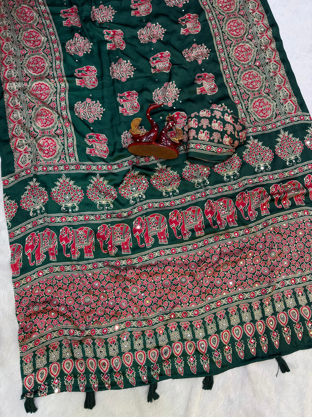 Ajrakh Chinnon Printed Saree with Tassel Detailing & Attached Blouse (No Mirror Work)