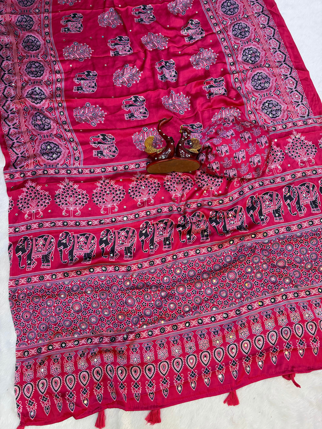 Ajrakh Chinnon Printed Saree with Tassel Detailing & Attached Blouse (No Mirror Work)