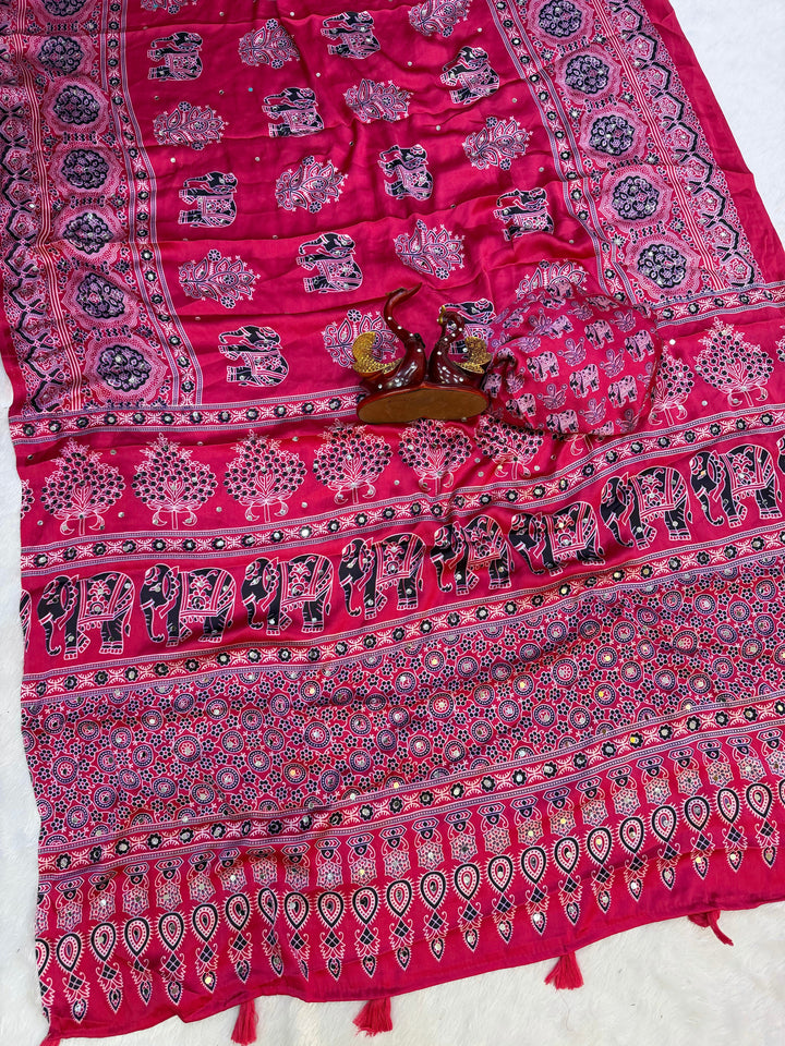 Ajrakh Chinnon Printed Saree with Tassel Detailing & Attached Blouse (No Mirror Work)