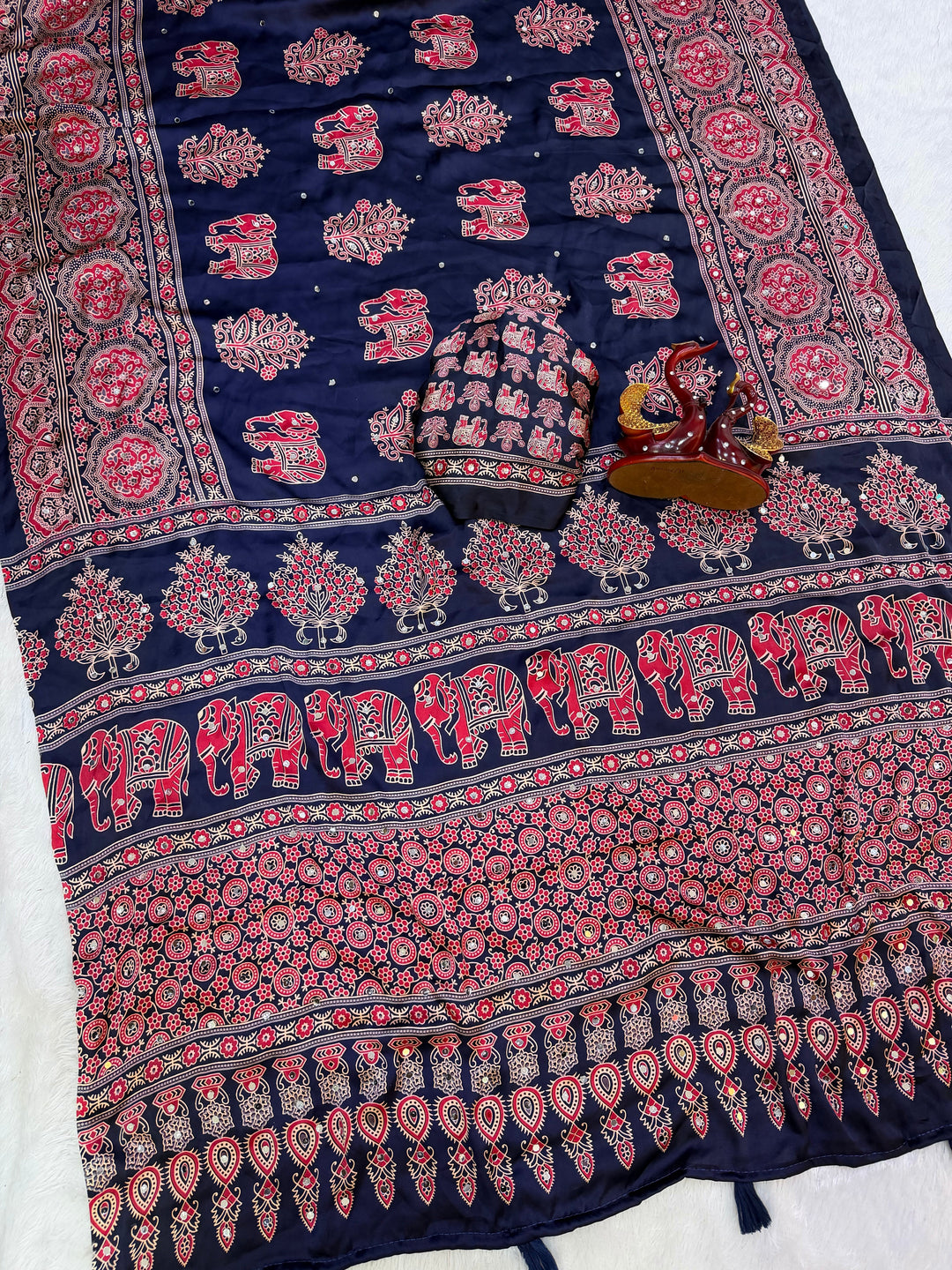 Ajrakh Chinnon Printed Saree with Tassel Detailing & Attached Blouse (No Mirror Work)