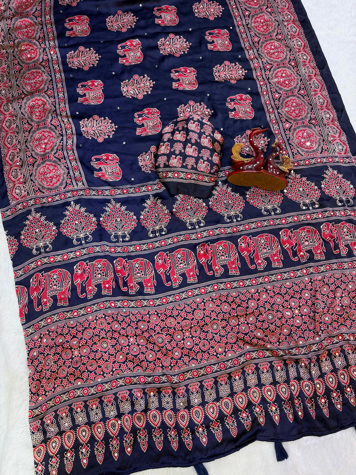 Ajrakh Chinnon Printed Saree with Tassel Detailing & Attached Blouse (No Mirror Work)
