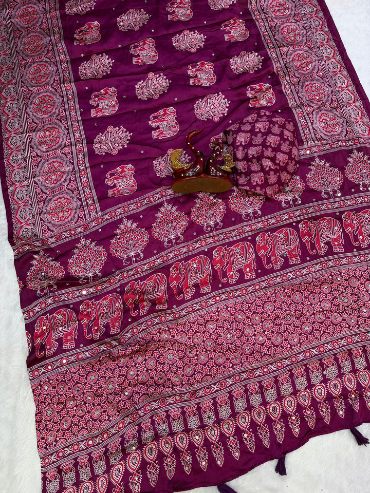Plum Purple Modal Silk Saree with Elephant Motif Print & Heritage Designer Pallu | Traditional Festive Wear Saree