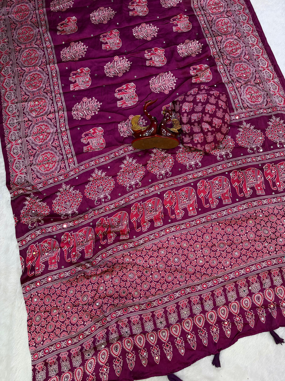 Ajrakh Chinnon Printed Saree with Tassel Detailing & Attached Blouse (No Mirror Work)