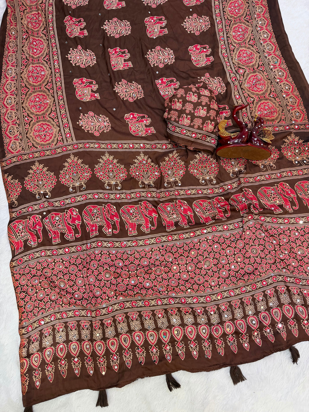 Ajrakh Chinnon Printed Saree with Tassel Detailing & Attached Blouse (No Mirror Work)
