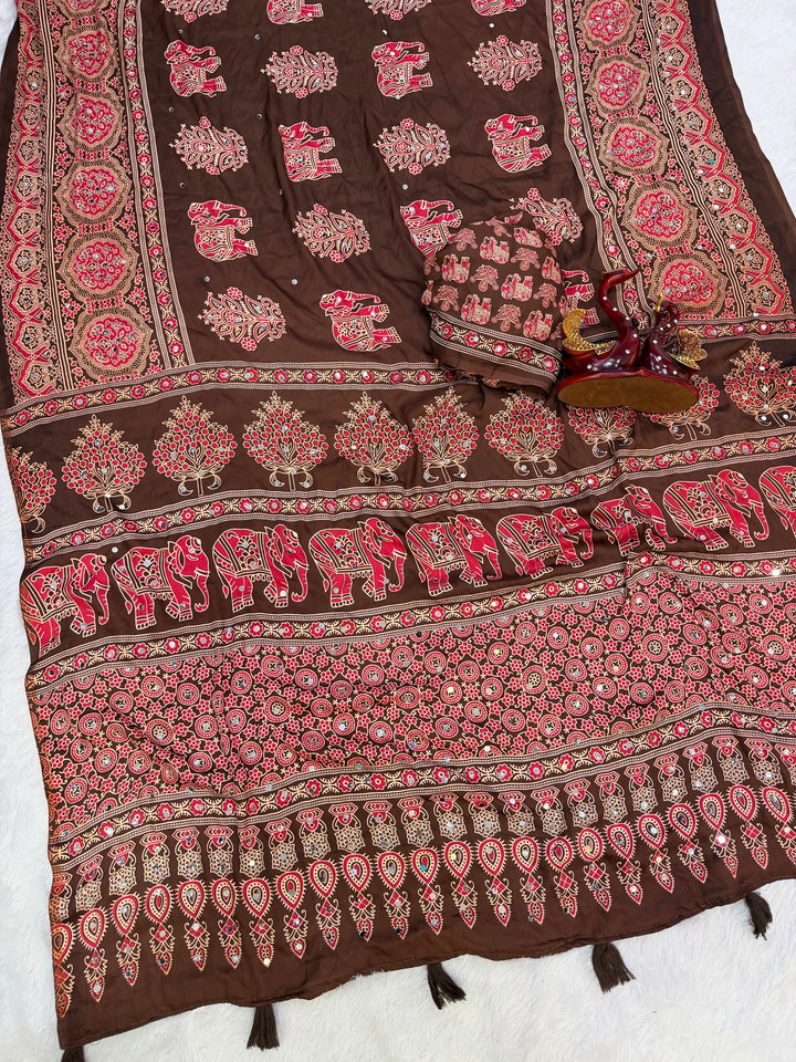 Ajrakh Chinnon Printed Saree with Tassel Detailing & Attached Blouse (No Mirror Work)