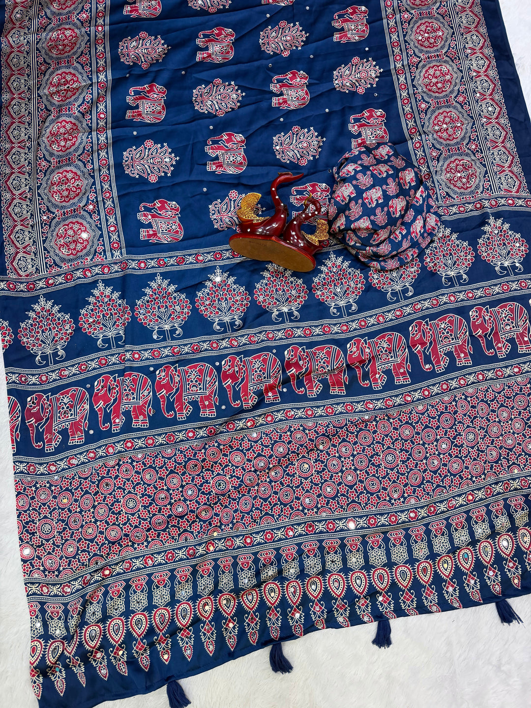 Ajrakh Chinnon Printed Saree with Tassel Detailing & Attached Blouse (No Mirror Work)