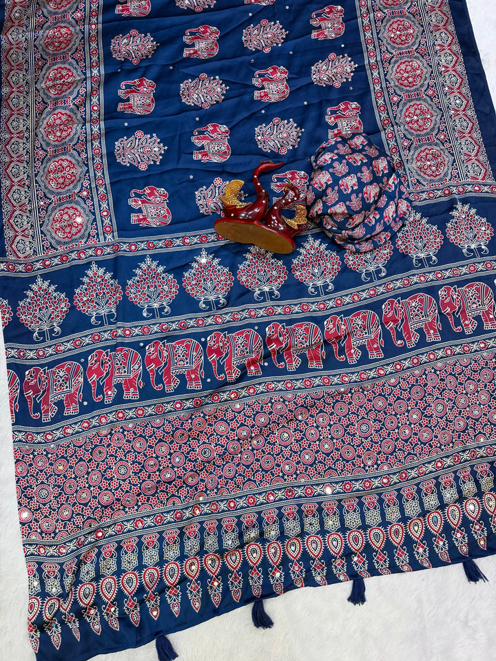 Ajrakh Chinnon Printed Saree with Tassel Detailing & Attached Blouse (No Mirror Work)