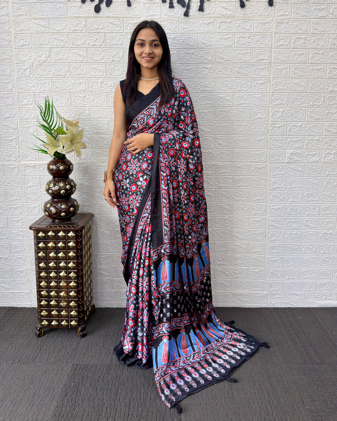 Ajrakh Chinnon Printed Saree with Tassel Detailing & Attached Blouse (No Mirror Work)