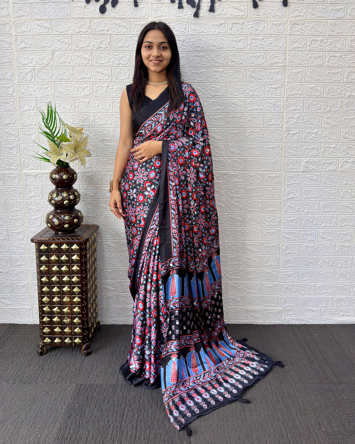 Ajrakh Chinnon Printed Saree with Tassel Detailing & Attached Blouse (No Mirror Work)