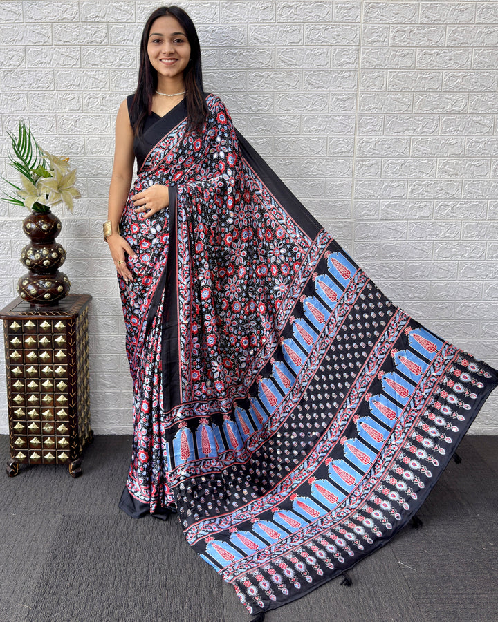 Ajrakh Chinnon Printed Saree with Tassel Detailing & Attached Blouse (No Mirror Work)
