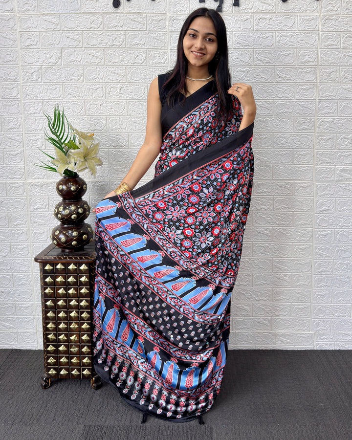 Ajrakh Chinnon Printed Saree with Tassel Detailing & Attached Blouse (No Mirror Work)