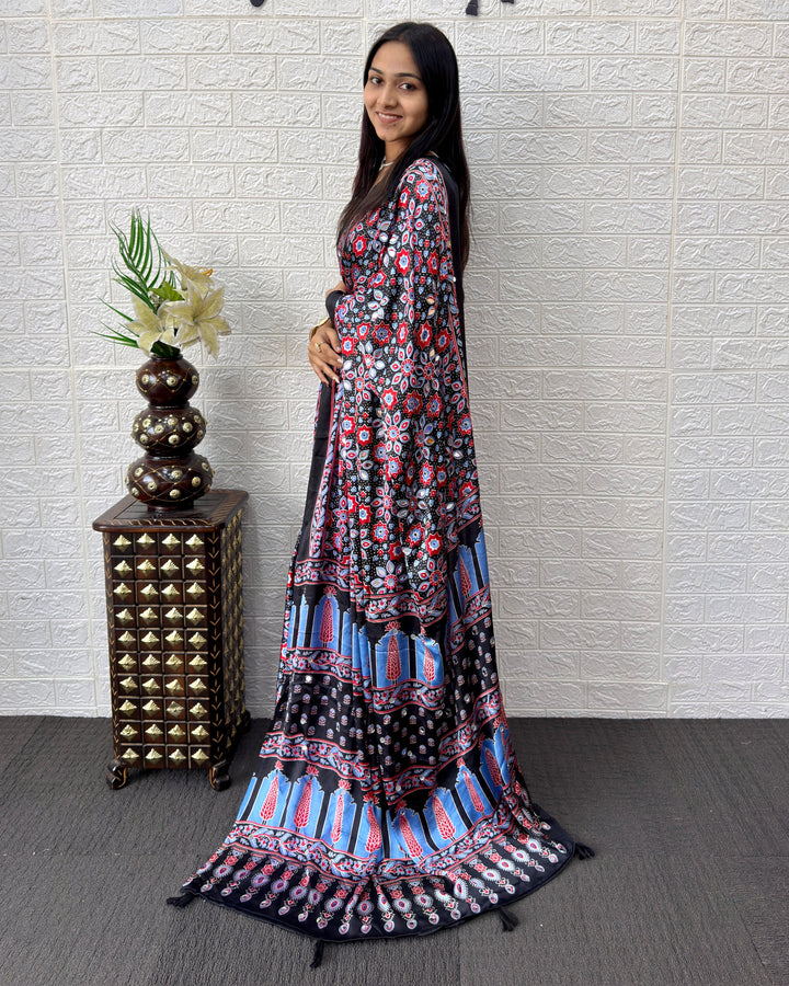 Ajrakh Chinnon Printed Saree with Tassel Detailing & Attached Blouse (No Mirror Work)