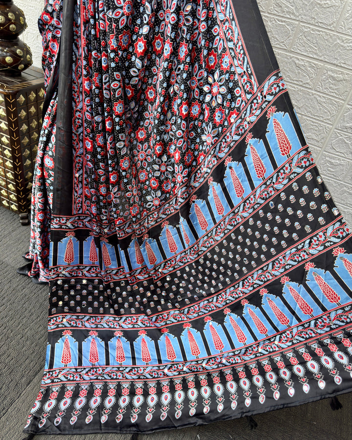 Black Modal Silk Saree with Geometric Floral Print & Heritage Designer Pallu | Festive & Party Wear Saree