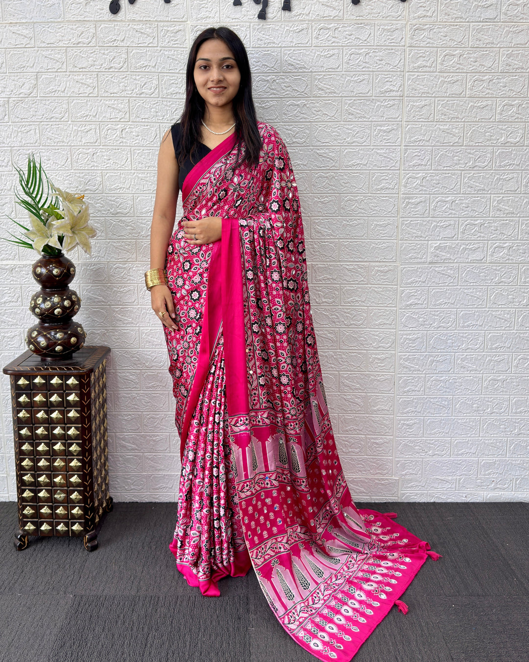 Ajrakh Chinnon Printed Saree with Tassel Detailing & Attached Blouse (No Mirror Work)