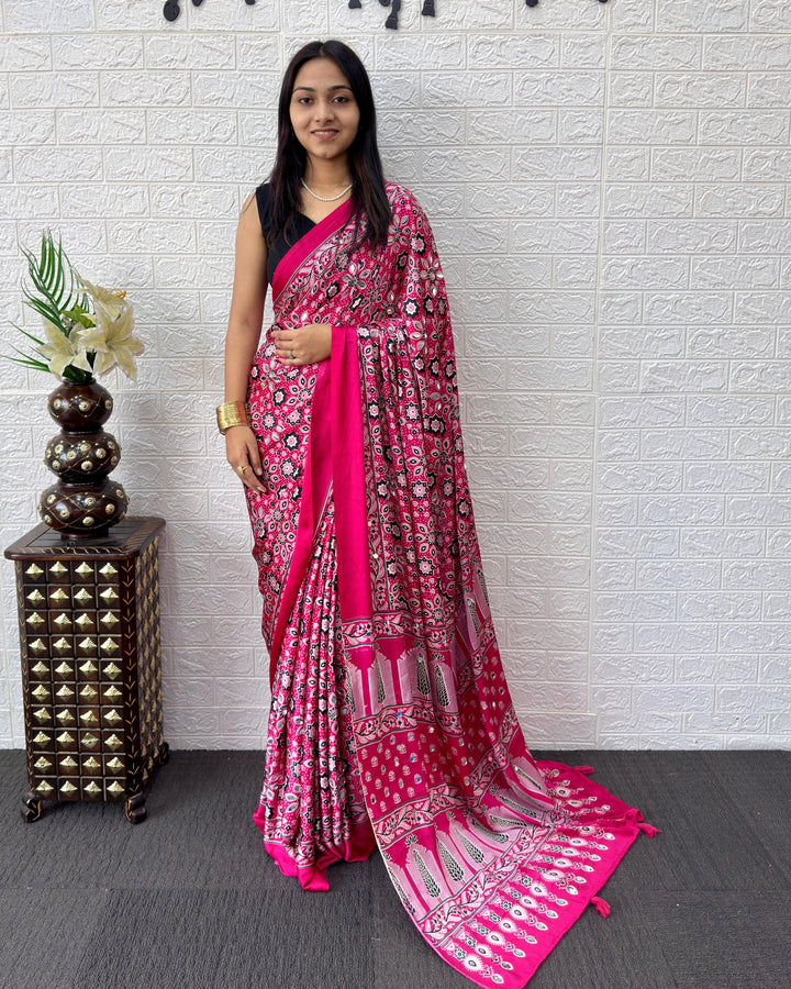 Ajrakh Chinnon Printed Saree with Tassel Detailing & Attached Blouse (No Mirror Work)