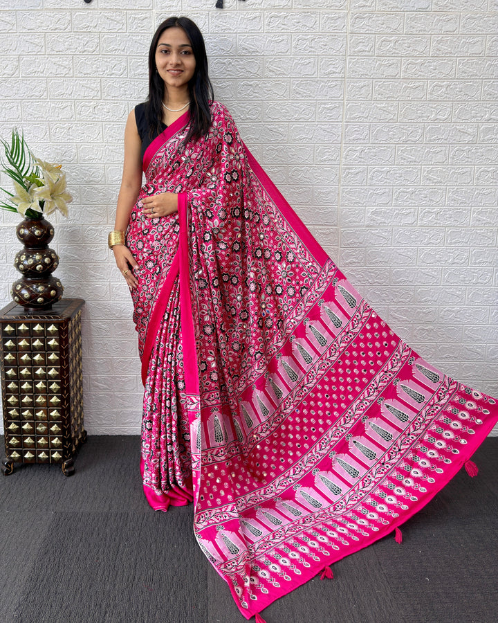 Ajrakh Chinnon Printed Saree with Tassel Detailing & Attached Blouse (No Mirror Work)