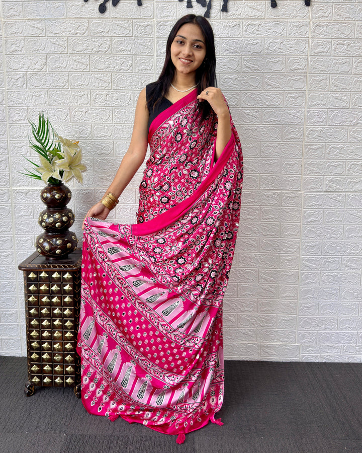 Ajrakh Chinnon Printed Saree with Tassel Detailing & Attached Blouse (No Mirror Work)