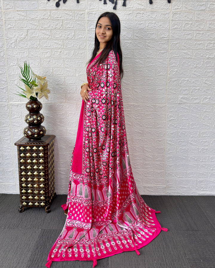 Ajrakh Chinnon Printed Saree with Tassel Detailing & Attached Blouse (No Mirror Work)