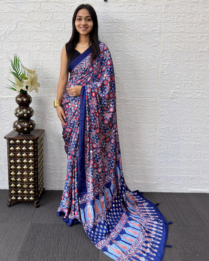Ajrakh Chinnon Printed Saree with Tassel Detailing & Attached Blouse (No Mirror Work)