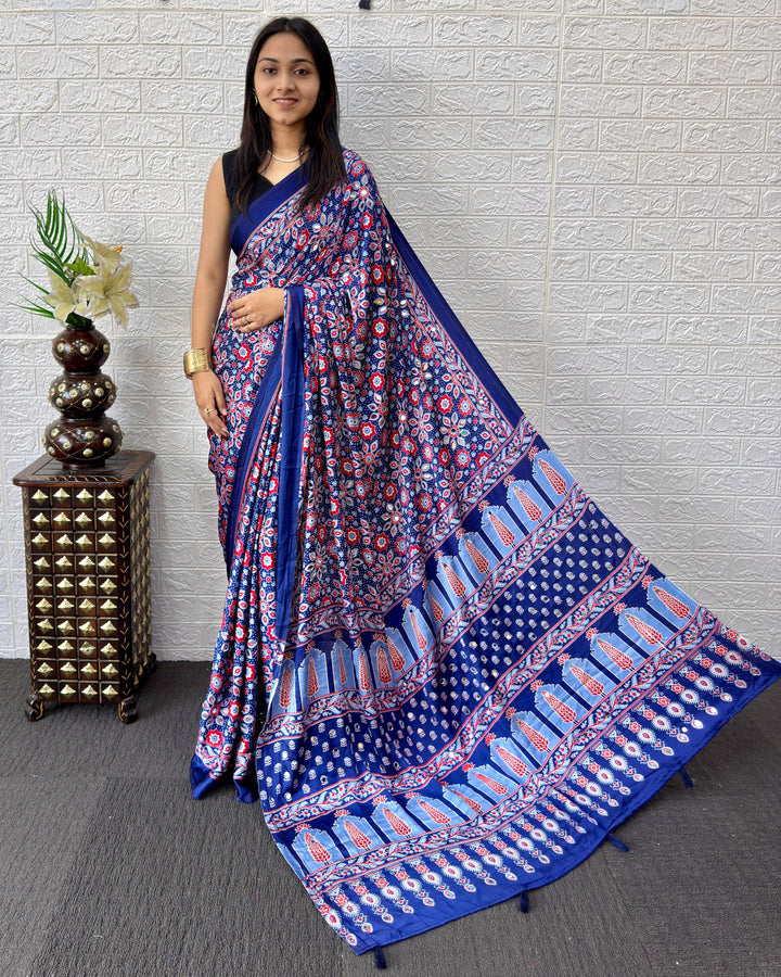 Royal Blue Modal Silk Saree with Geometric Floral Print & Heritage Designer Pallu | Festive & Party Wear Saree