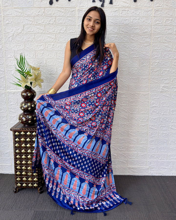 Ajrakh Chinnon Printed Saree with Tassel Detailing & Attached Blouse (No Mirror Work)