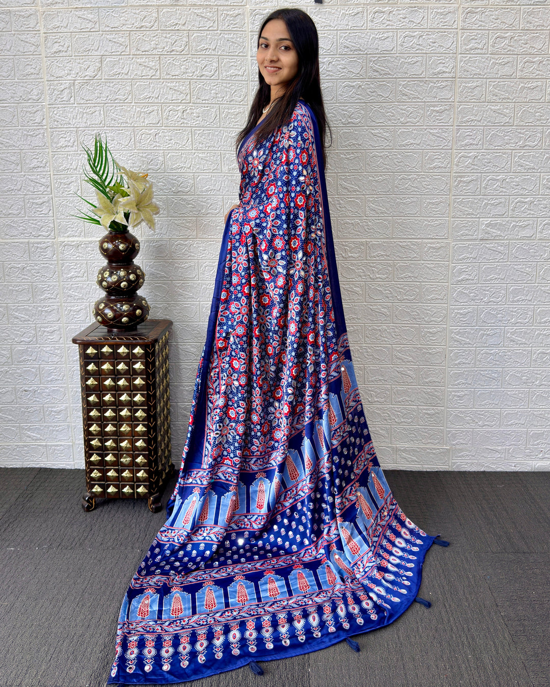 Ajrakh Chinnon Printed Saree with Tassel Detailing & Attached Blouse (No Mirror Work)