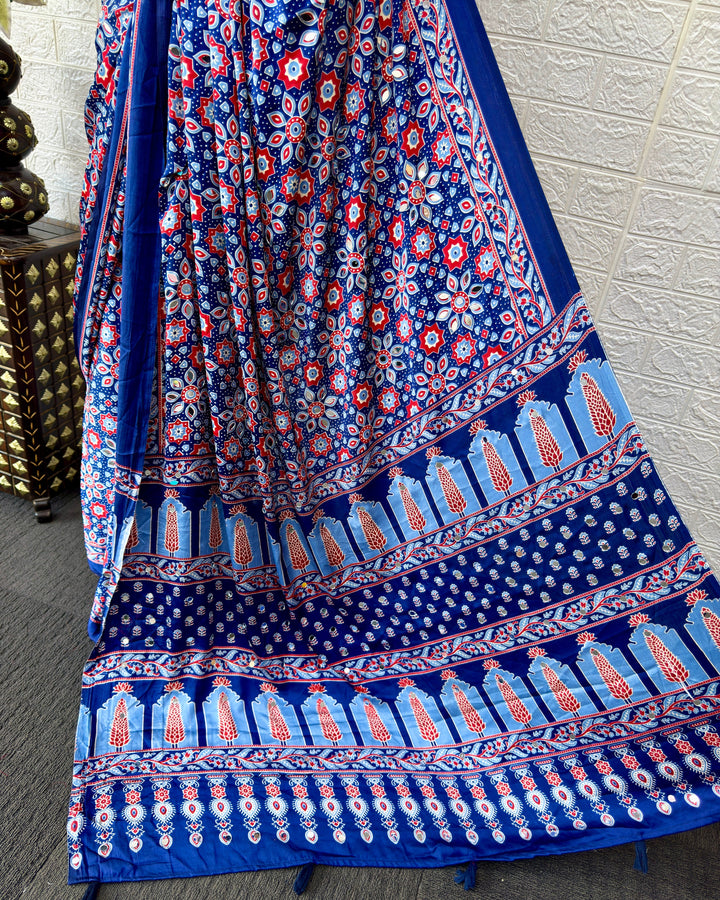 Ajrakh Chinnon Printed Saree with Tassel Detailing & Attached Blouse (No Mirror Work)